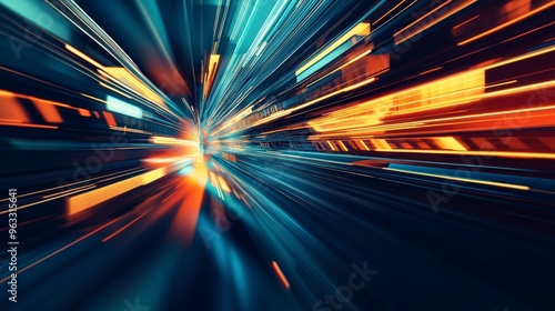 Abstract speed lines with glowing blue and orange lights converging to a vanishing point.