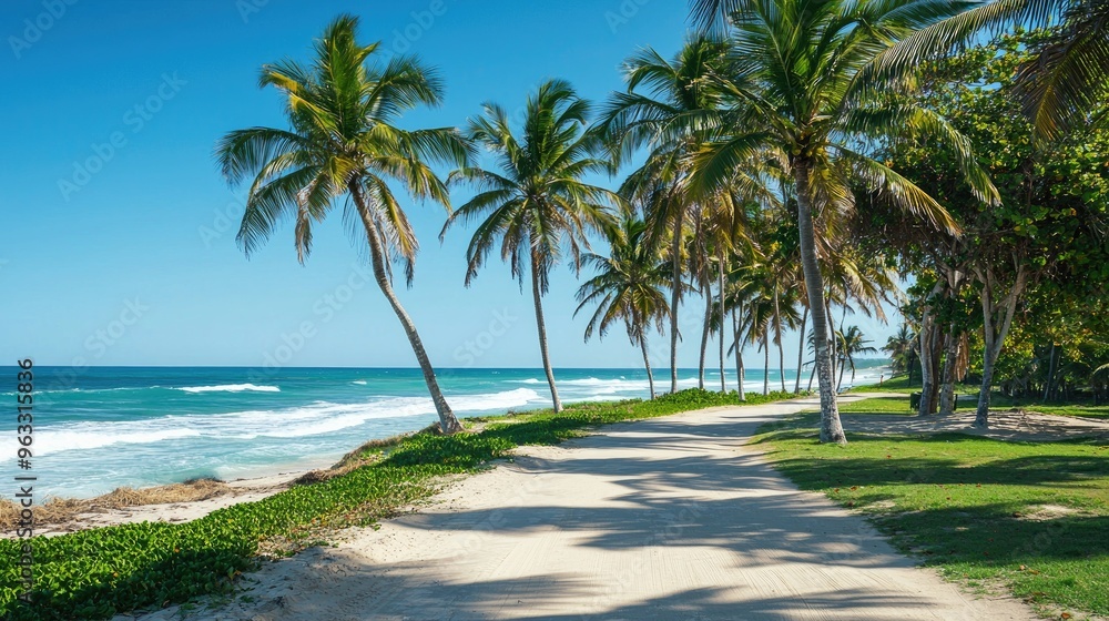 A beachside pathway lined with palm trees, leading to the sandy shore with a tranquil ocean view.