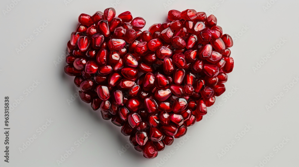 Bright red pomegranate seeds arranged in a heart shape on a white background, highlighting the health benefits of pomegranate, rich in vitamins and antioxidants, seasonal fruit with copyspace for text Bright red pomegranate seeds arranged in a heart shape on a white background, highlighting the health benefits of pomegranate, rich in vitamins and antioxidants, seasonal fruit with copyspace for text