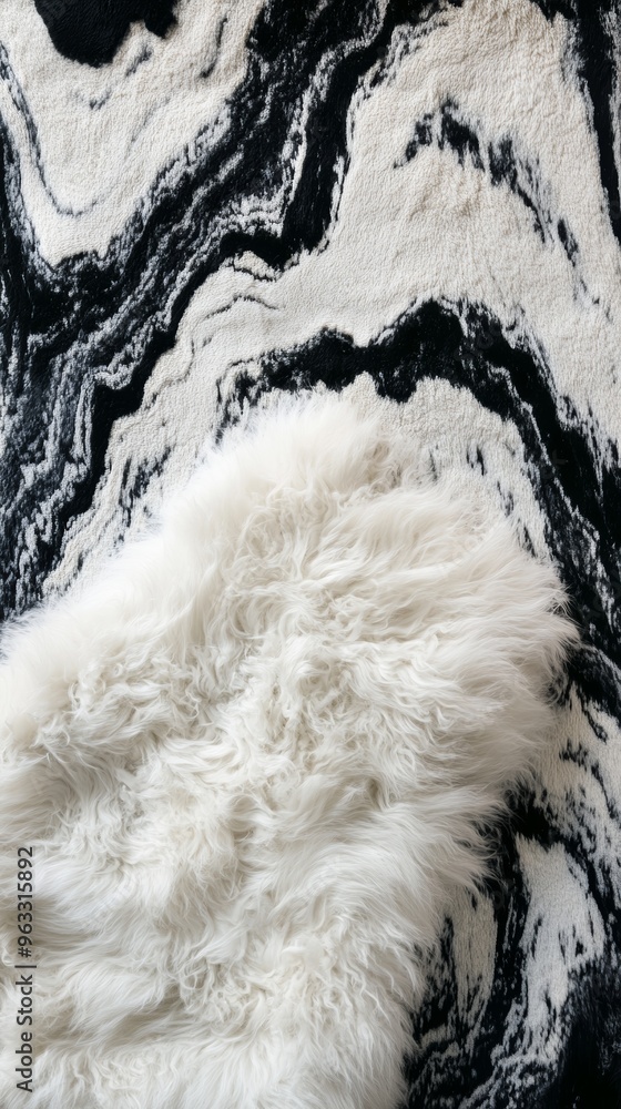 White furry rug lying on black and white marble carpet White furry rug lying on black and white marble carpet