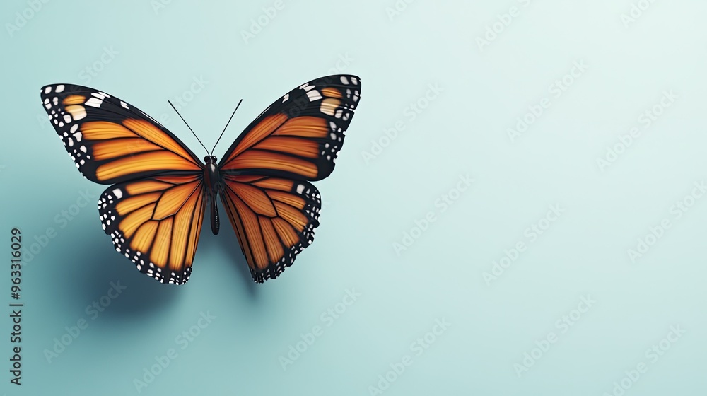 Fototapeta premium A vibrant butterfly with orange and black wings resting gracefully against a soft blue background, showcasing nature's beauty.