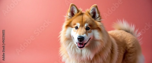 Icelandic Sheepdog with Cheerful Expression Posing Against Pink Background with Copy Space photo