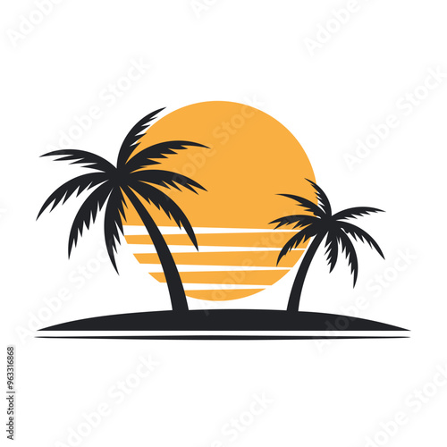 Minimalist vector illustration of a tropical sunset with palm trees silhouette on white background.