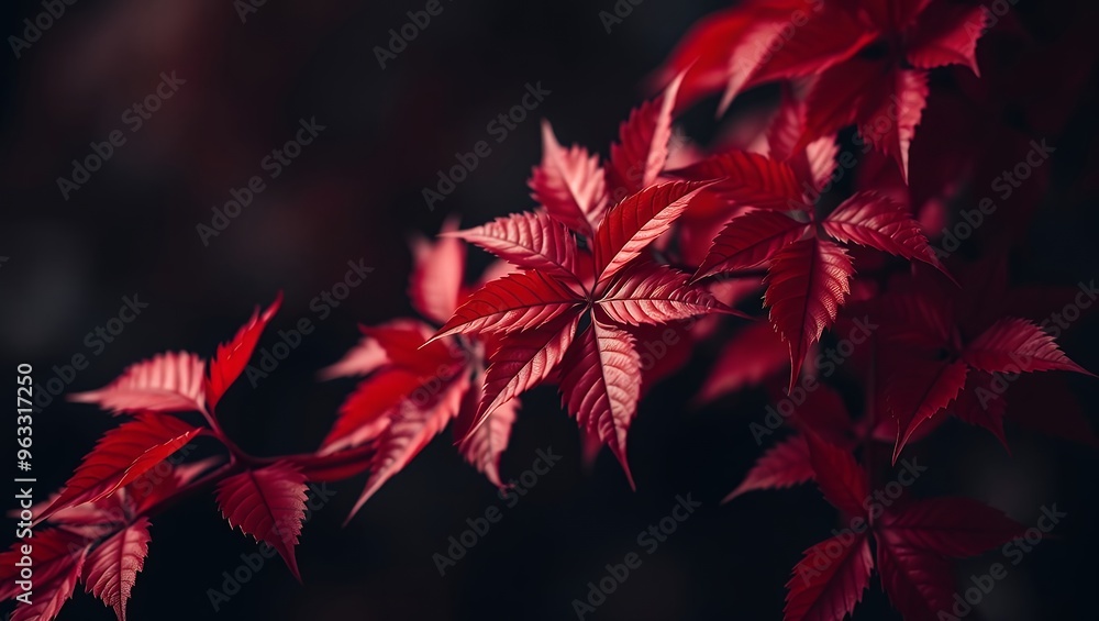 Vibrant Red Autumn Leaves Close Up on Dark Background with Soft Focus Background Vibrant Red Autumn Leaves Close Up on Dark Background with Soft Focus Background