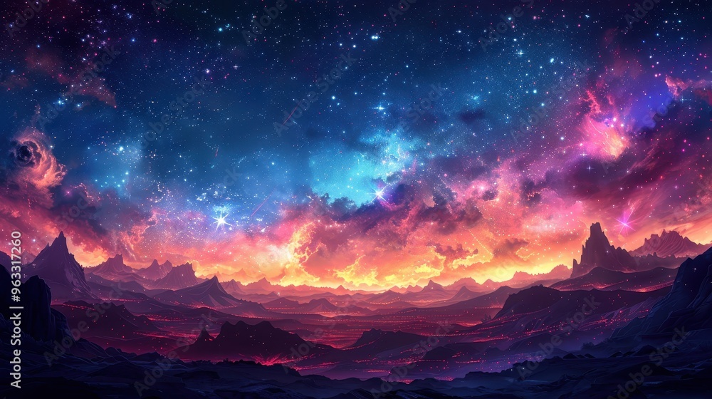 Fototapeta premium A breathtaking cosmic landscape featuring vibrant colors, swirling clouds, and distant mountains under a starry night sky.