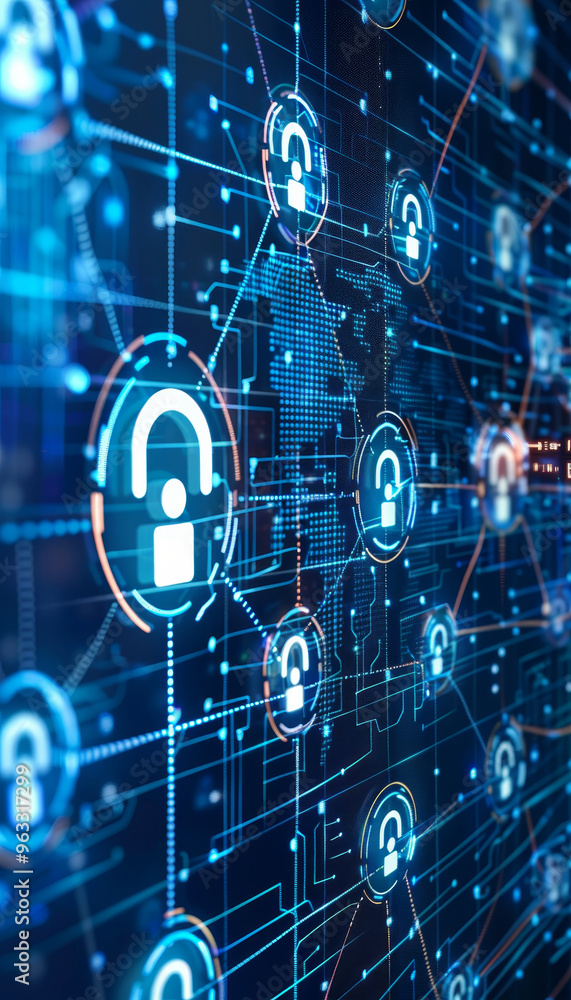Fototapeta premium Detailed visualization of a secure network featuring interconnected data lines and nodes with a prominently locked gateway, symbolizing the complexity of digital privacy and cybersecurity.