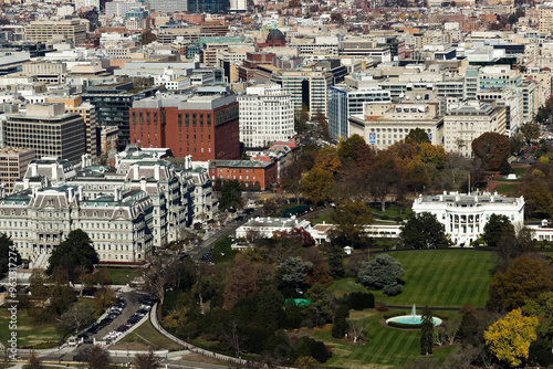 Aerial cityscape overlooking the US President's House, South Lawn & Eisenhower Old Executive Office Building, Washington DC photo