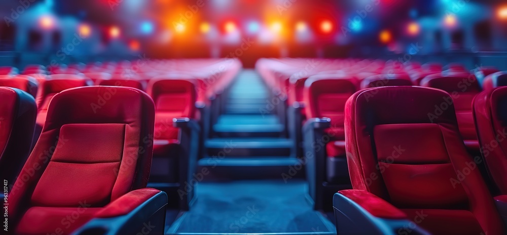 Obraz premium Empty red movie theater seats with blurry lights in the background. Perfect for illustrating movies, entertainment, and cinema.