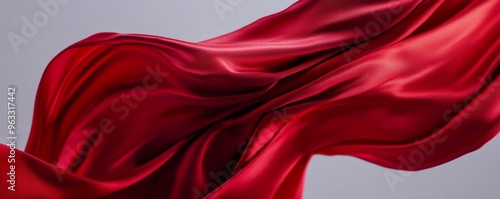 Red silk fabric flowing and waving on grey background