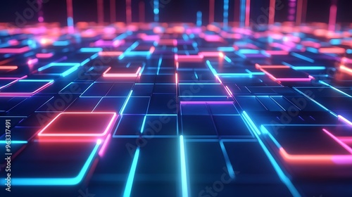 Futuristic 3D neon grid of glowing geometric shapes, displaying a complex digital network with vibrant, multicolored lights.