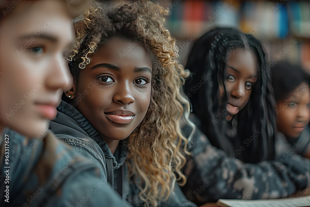 A group of young black girls are sitting together and smiling