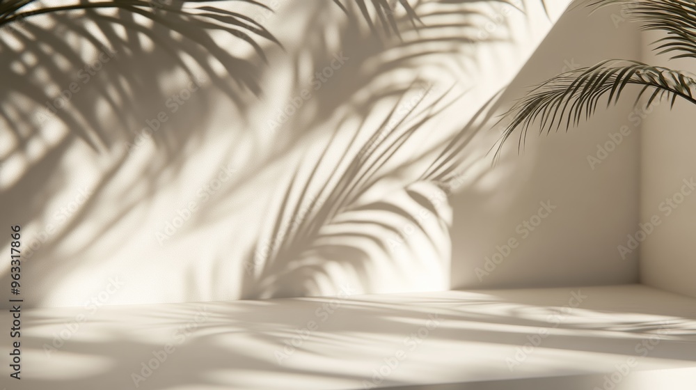Fototapeta premium Sunlit palm leaf shadows on a white