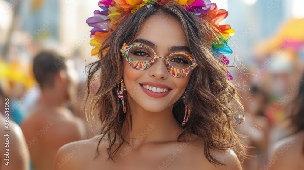 Joyful woman wearing colorful flower crown and stylish glasses, celebrating at a vibrant outdoor festival. Joyful woman wearing colorful flower crown and stylish glasses, celebrating at a vibrant outdoor festival.