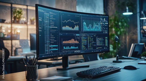 A computer screen displaying complex graphs and charts representing large datasets and analytics in a modern office setting. photo