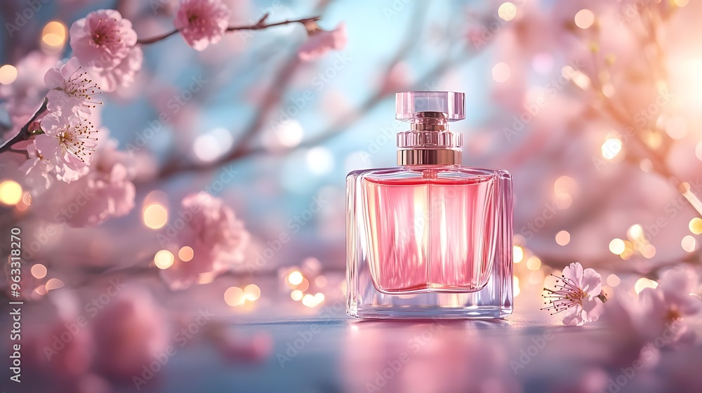 A beautiful perfume bottle surrounded by delicate pink blossoms and soft bokeh lights, evoking a sense of elegance and freshness. A beautiful perfume bottle surrounded by delicate pink blossoms and soft bokeh lights, evoking a sense of elegance and freshness.