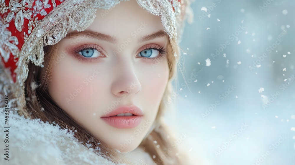 A close-up portrait of a beautiful young woman in winter attire, surrounded by falling snow, showcasing serene blue eyes and soft features. A close-up portrait of a beautiful young woman in winter attire, surrounded by falling snow, showcasing serene blue eyes and soft features.