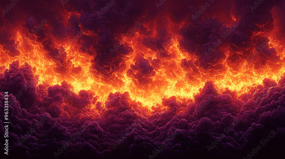Fiery clouds fill the sky, creating a dramatic and apocalyptic scene. Fiery clouds fill the sky, creating a dramatic and apocalyptic scene.