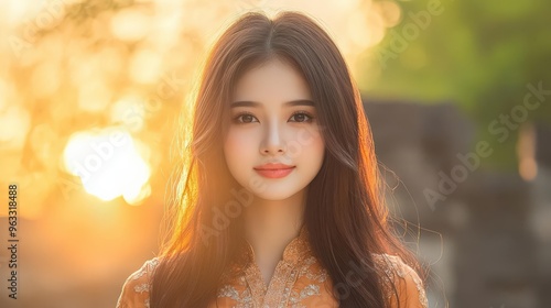 A serene portrait of a young woman illuminated by the golden glow of sunset, showcasing natural beauty and elegance.