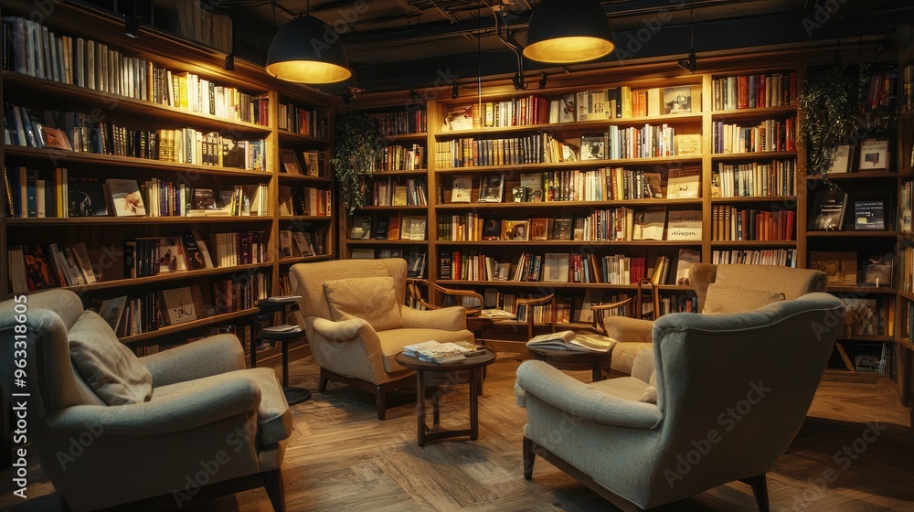 A cozy bookstore interior with rows of bookshelves, a reading nook with comfortable chairs, and warm, ambient lighting. A cozy bookstore interior with rows of bookshelves, a reading nook with comfortable chairs, and warm, ambient lighting.