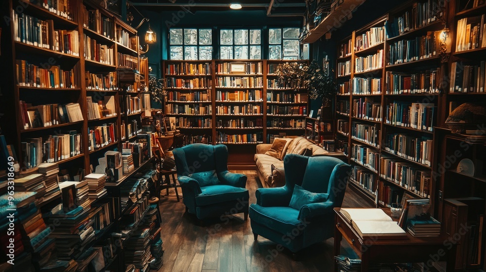 A cozy bookstore interior with rows of bookshelves, a reading nook with comfortable chairs, and warm, ambient lighting. A cozy bookstore interior with rows of bookshelves, a reading nook with comfortable chairs, and warm, ambient lighting.