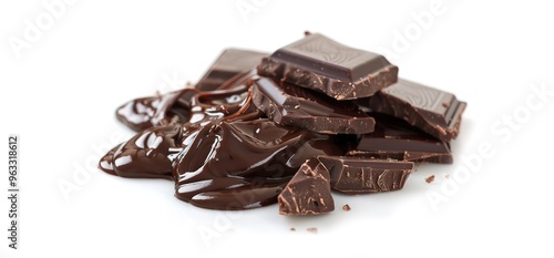 Close up of melted dark chocolate pieces on a white background. Perfect for food bloggers, cooking websites, and chocolate lovers.