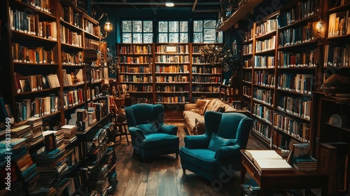 A cozy bookstore interior with rows of bookshelves, a reading nook with comfortable chairs, and warm, ambient lighting.