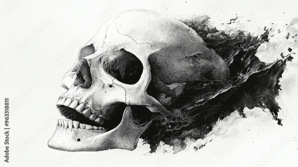 Obraz premium A detailed pencil drawing of a human skull with a black abstract background.