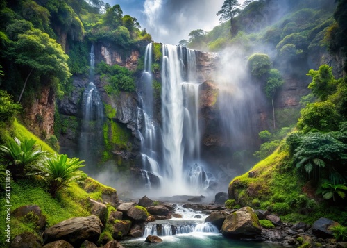 Waterfall cascading down rugged rockface silvery mist spray greenery tropical jungle getaway adventure