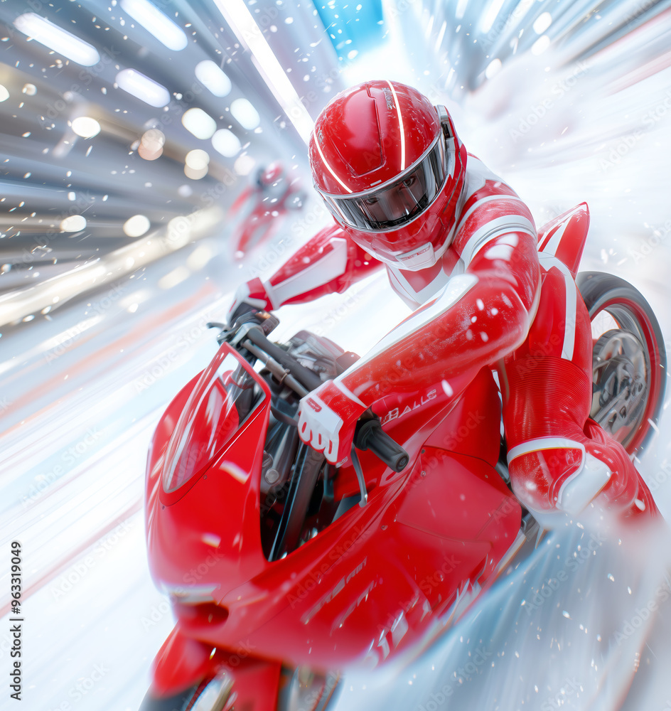 Fototapeta premium Exciting winter motorcycle racing in a snowy urban environment