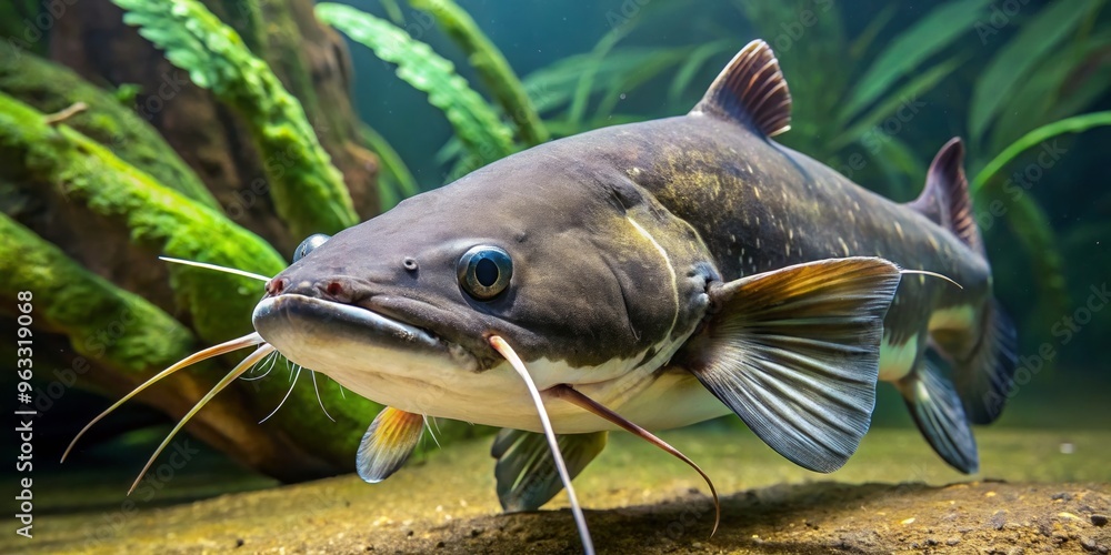 A close-up view of a catfish swimming gracefully in a vibrant aquatic environment, showcasing its unique features and colors. A close-up view of a catfish swimming gracefully in a vibrant aquatic environment, showcasing its unique features and colors.