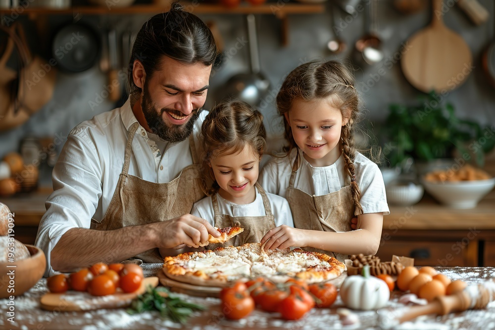 A man and two children are making pizza together in a kitchen A man and two children are making pizza together in a kitchen