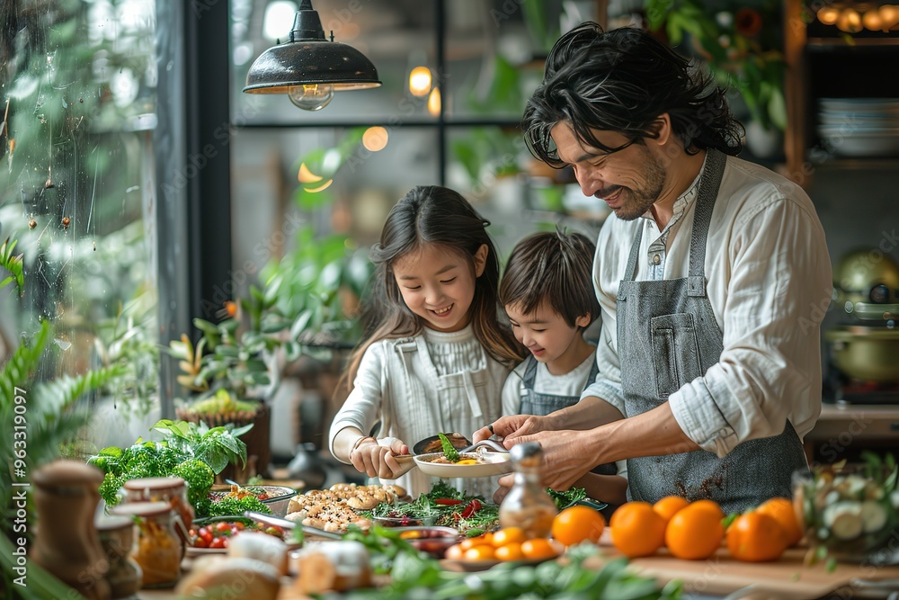 A man and two children are cooking together in a kitchen A man and two children are cooking together in a kitchen
