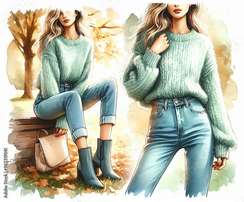 woman in different poses wearing a green sweater, blue jeans, and black boots.  photo