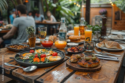 A table with a variety of food and drinks, including sandwiches, fruit