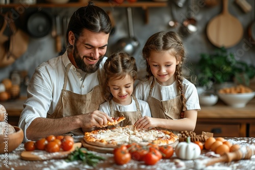 A man and two children are making pizza together in a kitchen