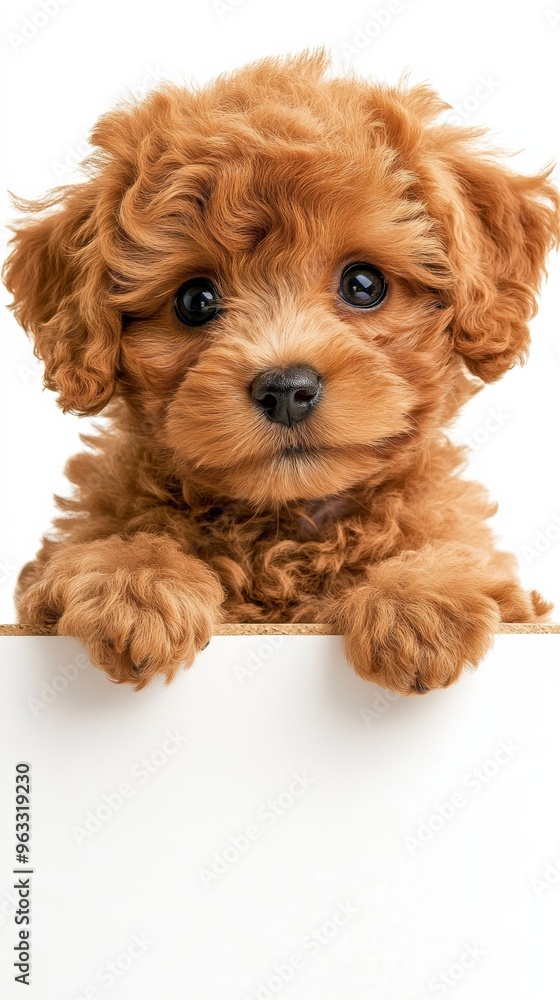 Adorable toy poodle puppy hanging on blank white banner Adorable toy poodle puppy hanging on blank white banner