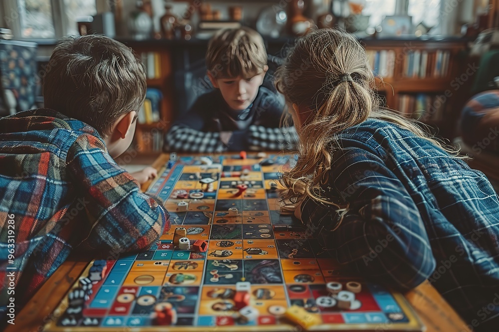 Fototapeta premium Three children are playing a board game on a table