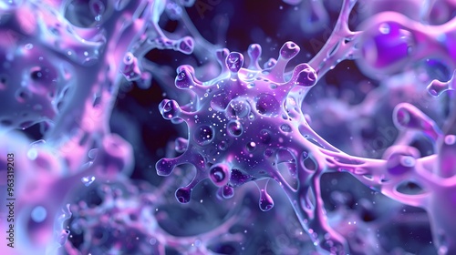 A close up of a purple cell with many small bubbles. The bubbles are in different sizes and are scattered throughout the cell. The cell is surrounded by a dark background