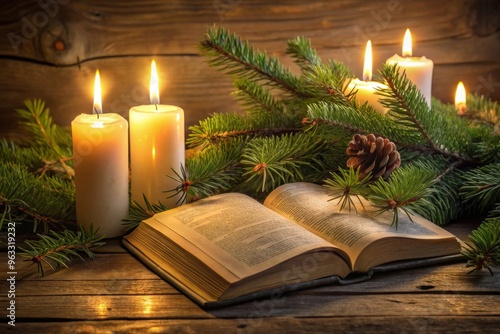 Wallpaper Mural A cozy scene featuring an open book, candles, and pine branches, perfect for warmth and relaxation during the winter season. Torontodigital.ca