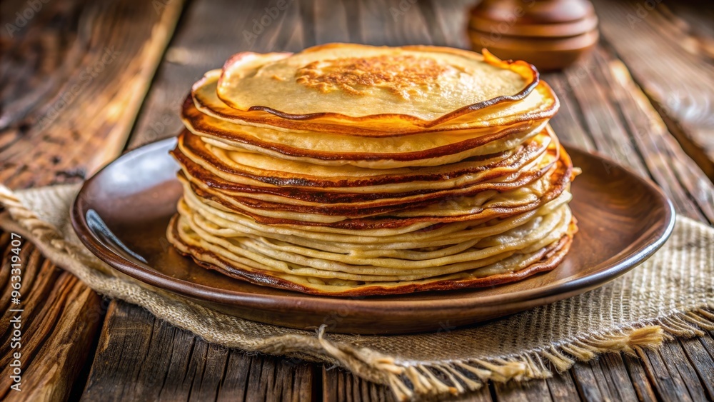 A delicious stack of golden pancakes served on a rustic plate, perfect for breakfast or brunch moments. A delicious stack of golden pancakes served on a rustic plate, perfect for breakfast or brunch moments.
