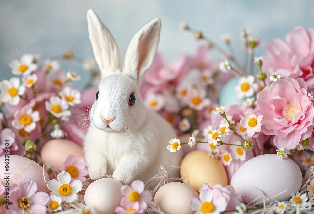 Obraz premium White Easter Bunny Amongst Pastel Eggs and Flowers 