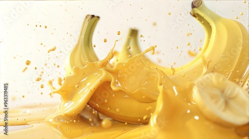 Dynamic banana splash into yellow juice, capturing energy and freshness for tropical drink ads and designs