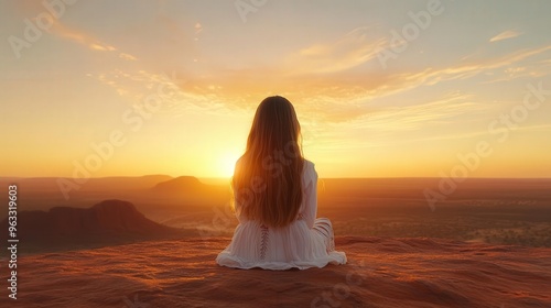 A serene moment as a woman sits peacefully at sunset, embracing nature's beauty and tranquility on a scenic landscape.