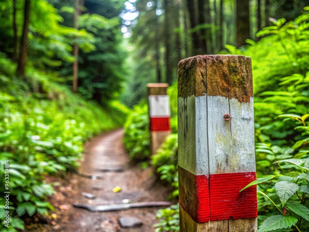 A peaceful forest trail marked by wooden posts, surrounded by lush greenery and vibrant plants, inviting exploration and adventure.