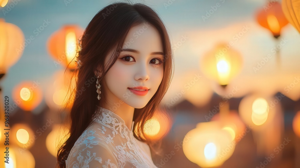 A serene portrait of a young woman surrounded by glowing lanterns at sunset, radiating beauty and tranquility. A serene portrait of a young woman surrounded by glowing lanterns at sunset, radiating beauty and tranquility.
