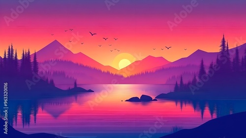 A tranquil landscape at sunset, featuring vibrant hues reflecting on a serene lake surrounded by mountains and trees.