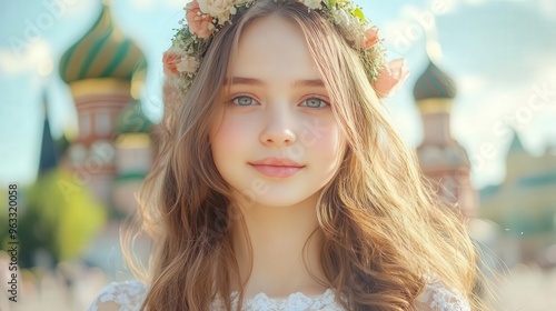 A young girl with a floral crown and soft smile, standing in front of a vibrant historic backdrop under clear blue skies.