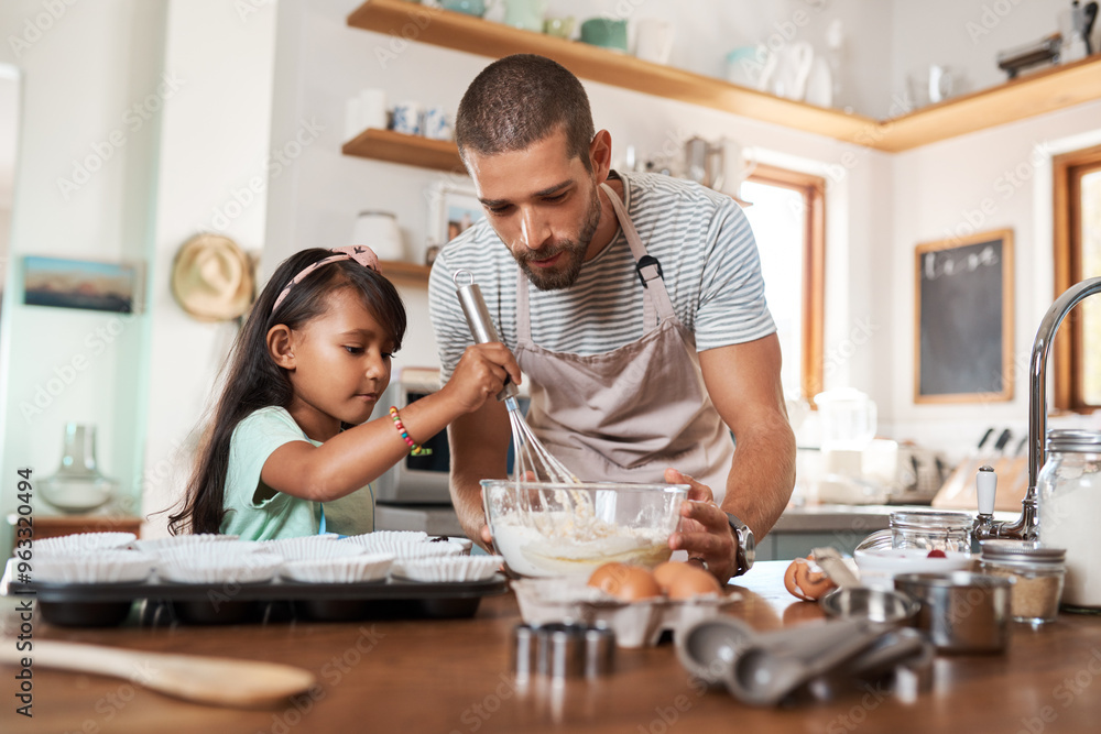 Father, girl and teaching with baking, eggs or cooking for nutrition, education and growth. Male person, chid and learning for youth development, support and bonding on kitchen counter in family home Father, girl and teaching with baking, eggs or cooking for nutrition, education and growth. Male person, chid and learning for youth development, support and bonding on kitchen counter in family home