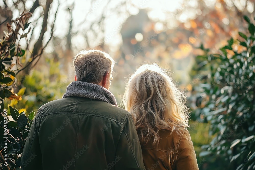 Back view of two people walking through lush greenery during a sunset, enjoying a serene and contemplative moment together. Back view of two people walking through lush greenery during a sunset, enjoying a serene and contemplative moment together.