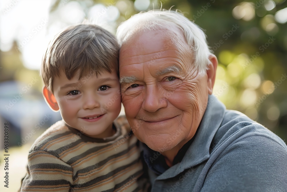 A heartwarming portrait of a grandfather and his grandson sharing a tender and loving moment outdoors in a sunny setting. A heartwarming portrait of a grandfather and his grandson sharing a tender and loving moment outdoors in a sunny setting.